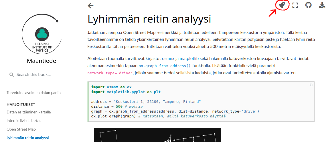 Kuva, jossa näytetään, että notebookin voi avata Binderissa painamalla sivun oikealla yläreunassa olevaa avaruusraketin kuvaa.